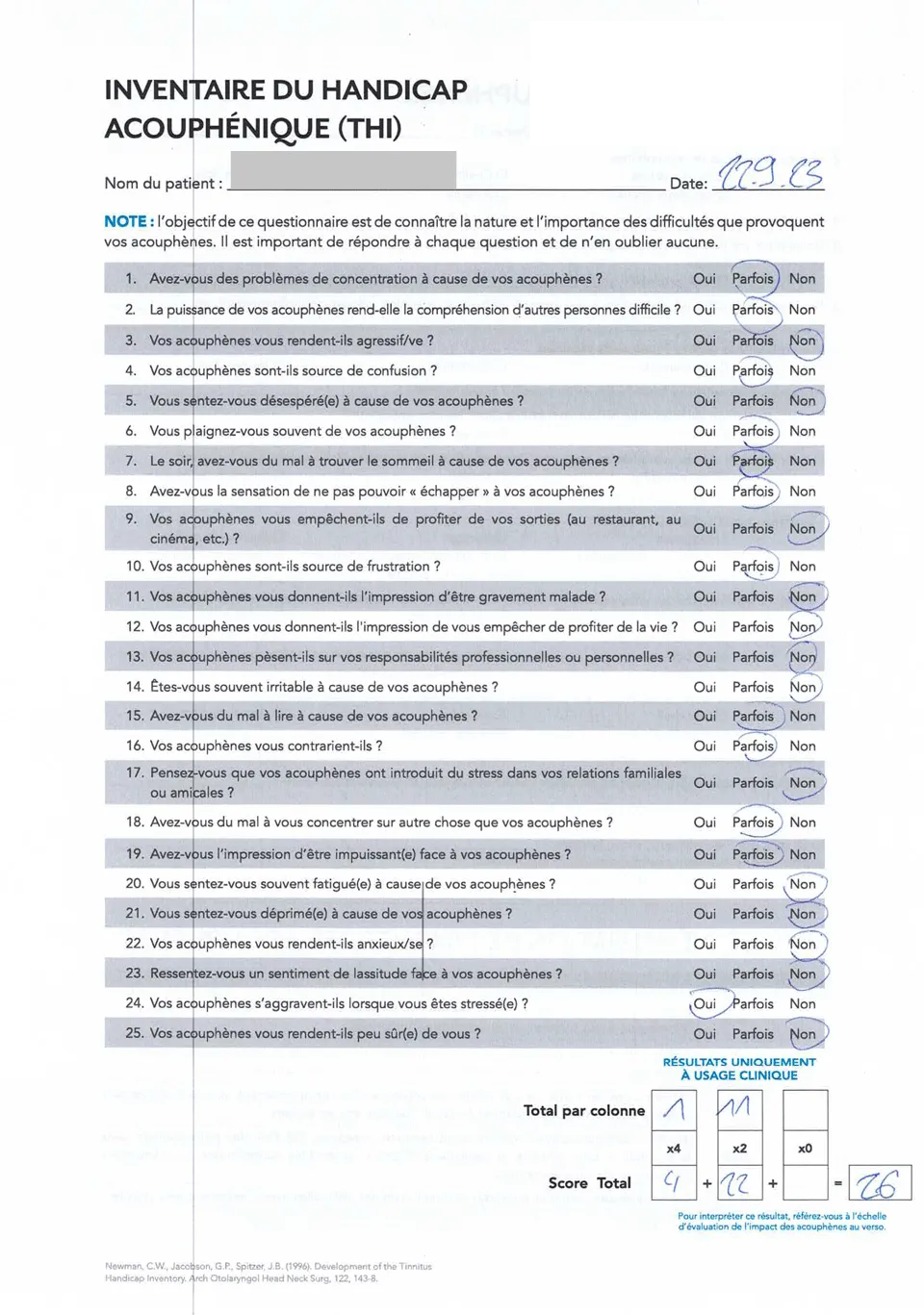 Inventaire du handicap acouphénique après programme