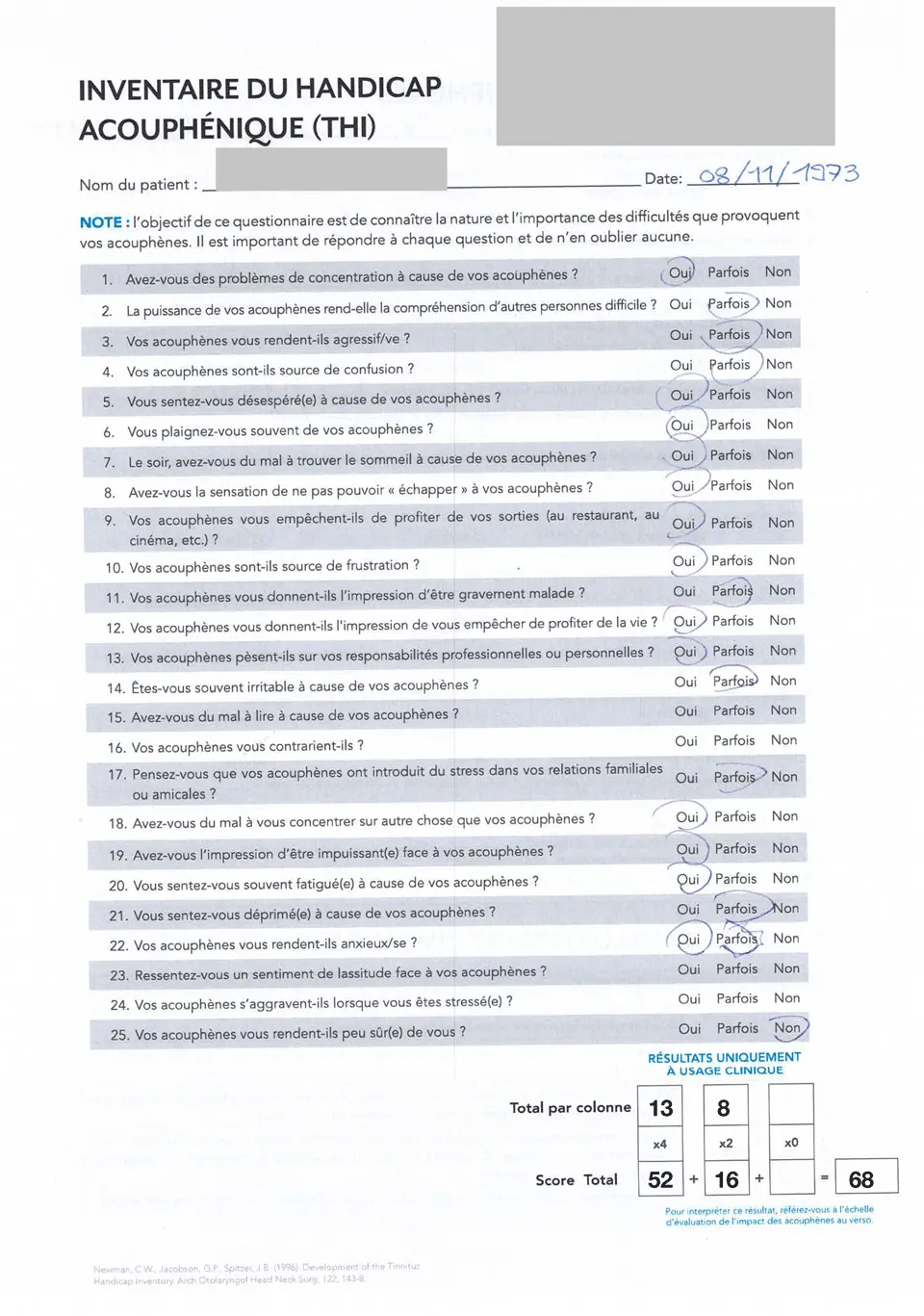 Inventaire du handicap acouphénique avant programme